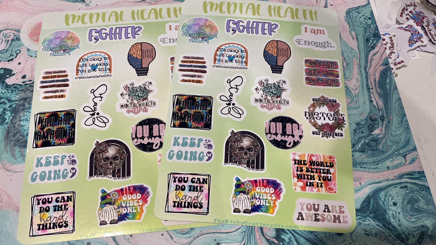 Mental Health Sticker Sheet | I am enough | Good Vibes only | Fighter | ; | Keep Going | Mental Health Matters | You Are Strong | It’s Ok |