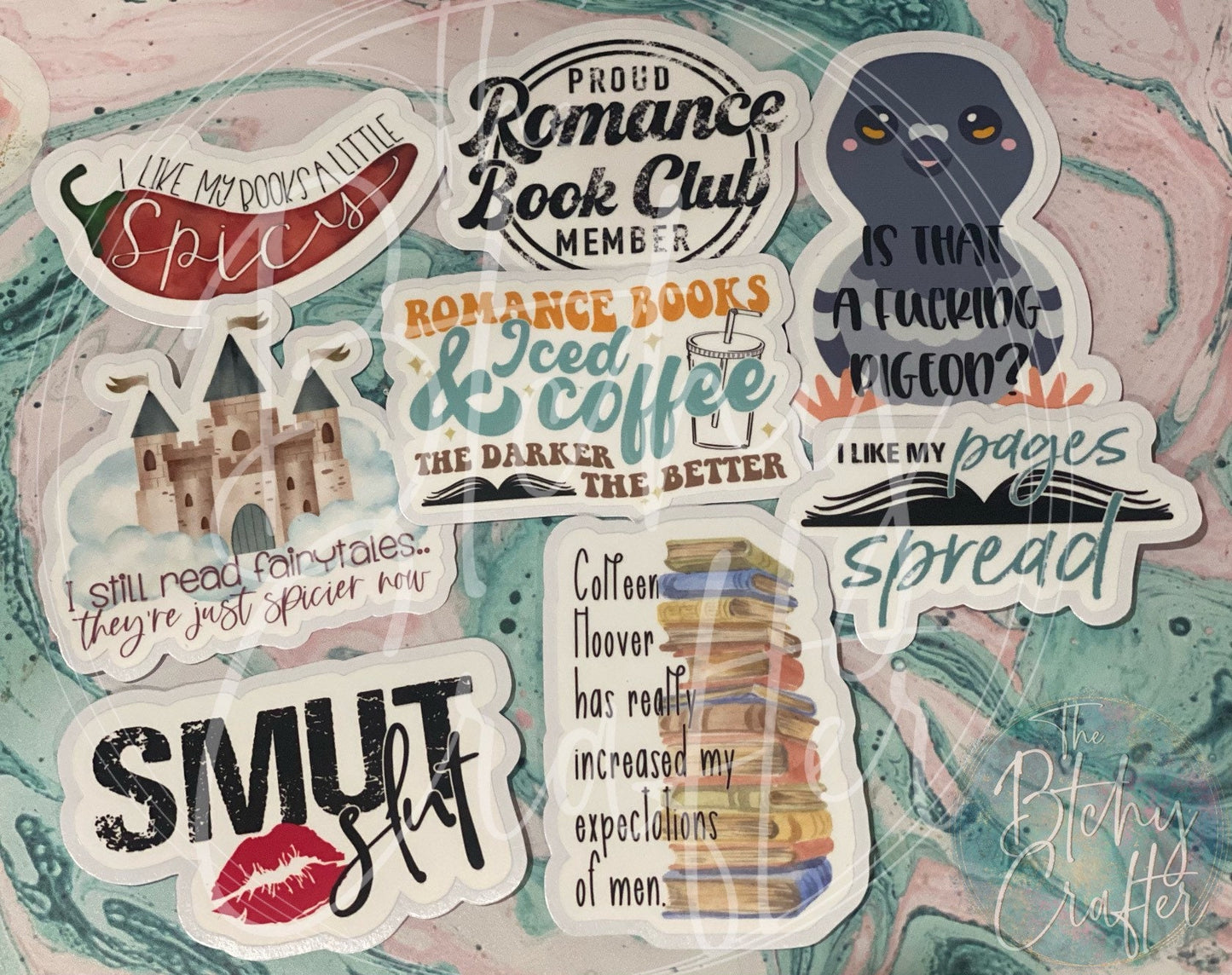 Book club stickers , pigeon, Colleen Hoover , smut slut, reminders of him , romance books , iced coffee, book club member , fairytales
