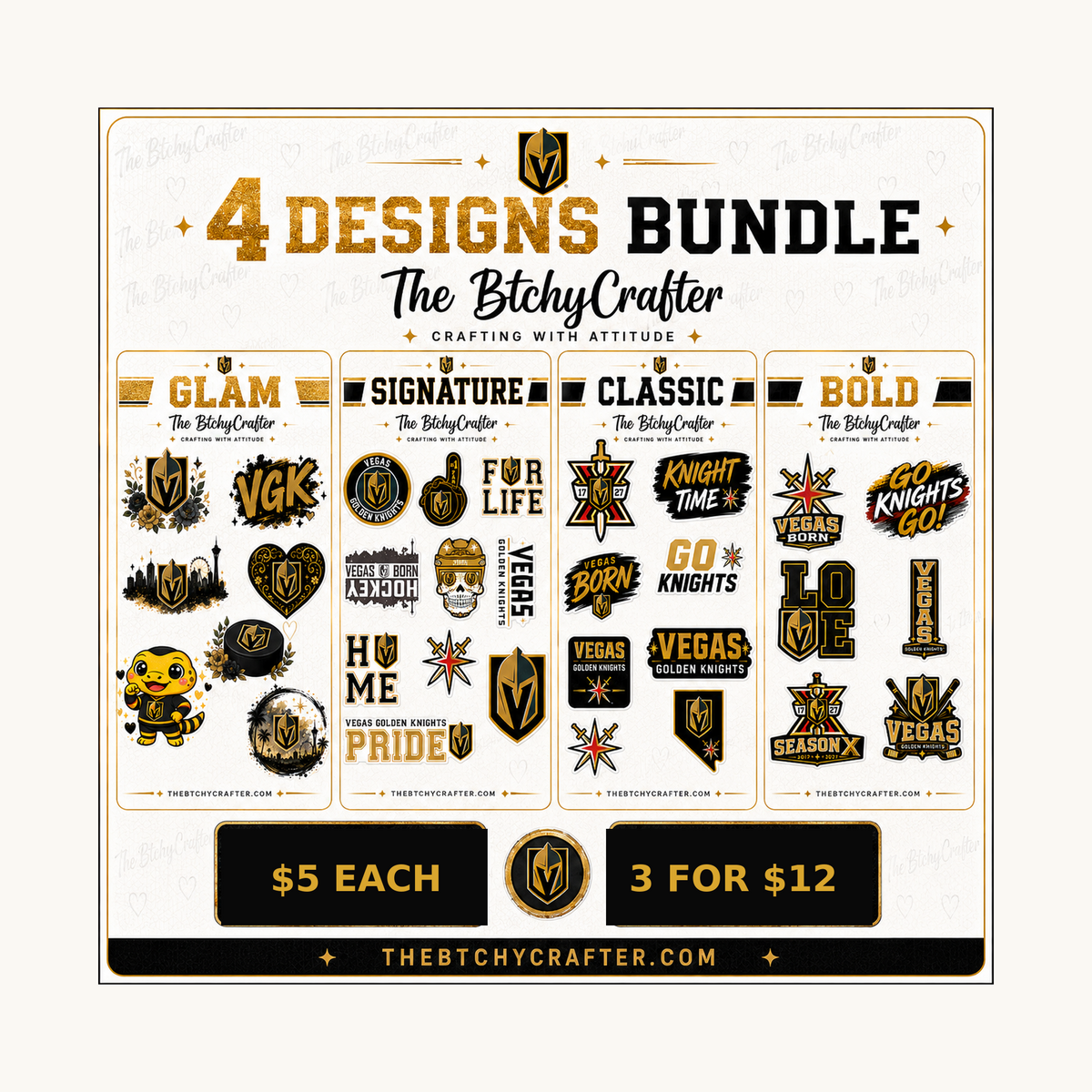 Four Vegas hockey sticker sheet designs, $5 each or mix and match 3 for $12