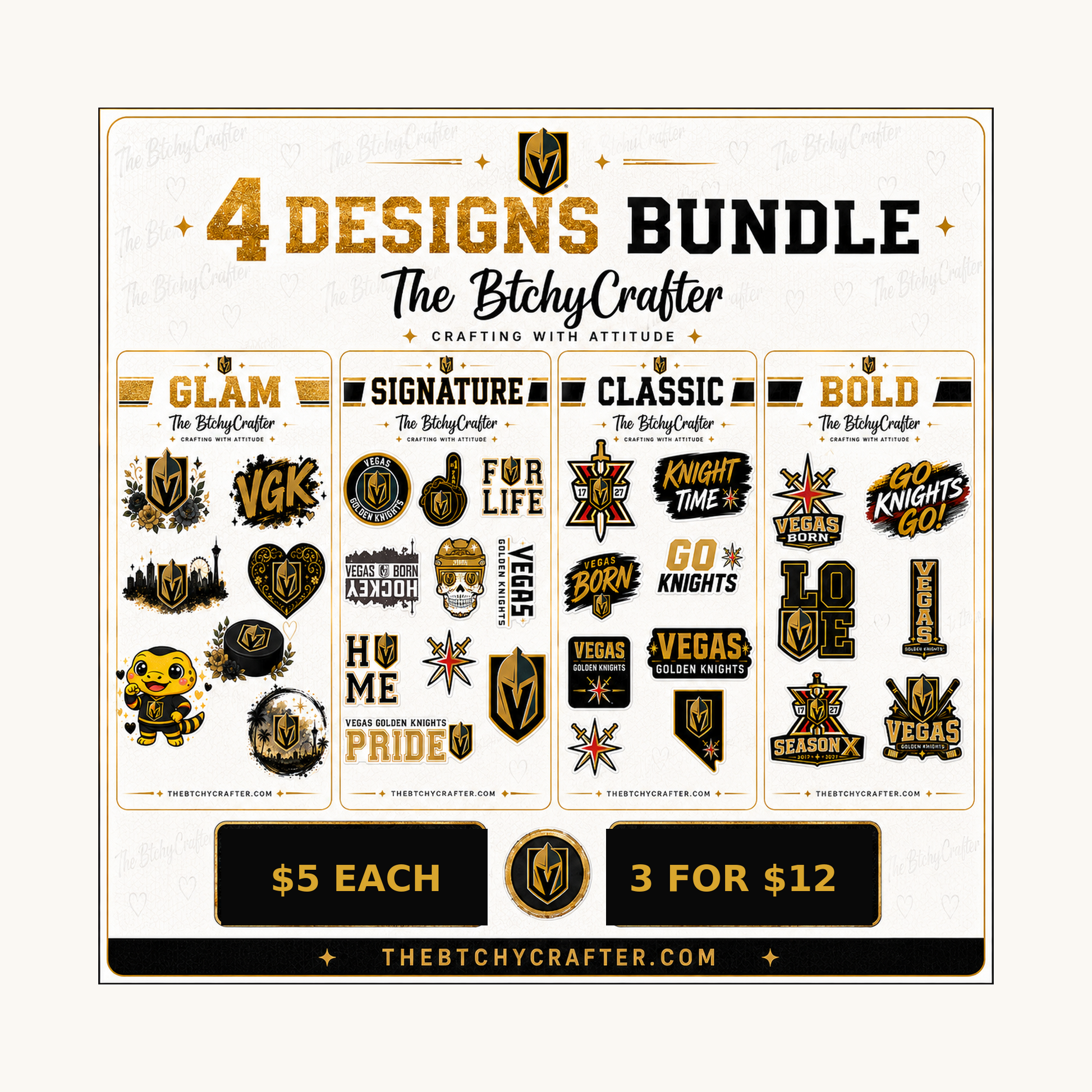 Four Vegas hockey sticker sheet designs, $5 each or mix and match 3 for $12