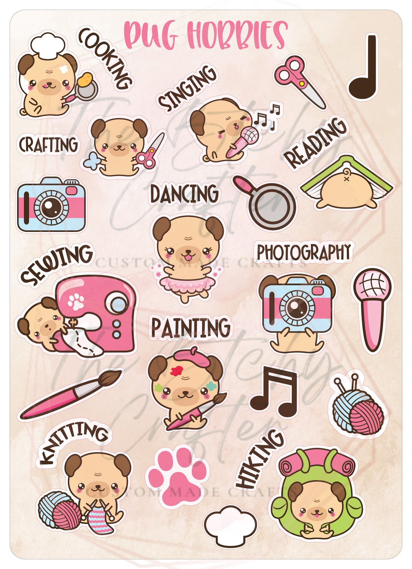 Pug Hobbies Sticker Sheet | Pugs | Kawaii | Hiking | Crafts | Journaling | Music | Sewing | Cute Pug | Dancing | Cute Clipart |